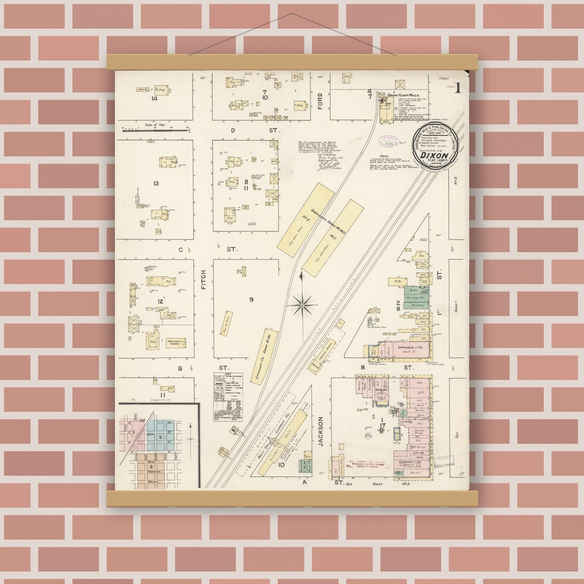Old map wall art mockup — magnetic wood frame on brick wall — Sanborn Fire Insurance Map from Dixon, Solano County, California (1888) - Complete Map Set