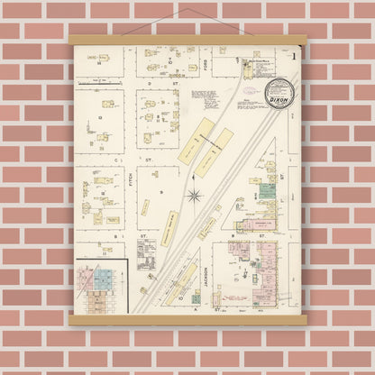 Old map wall art mockup — magnetic wood frame on brick wall — Sanborn Fire Insurance Map from Dixon, Solano County, California (1888) - Complete Map Set