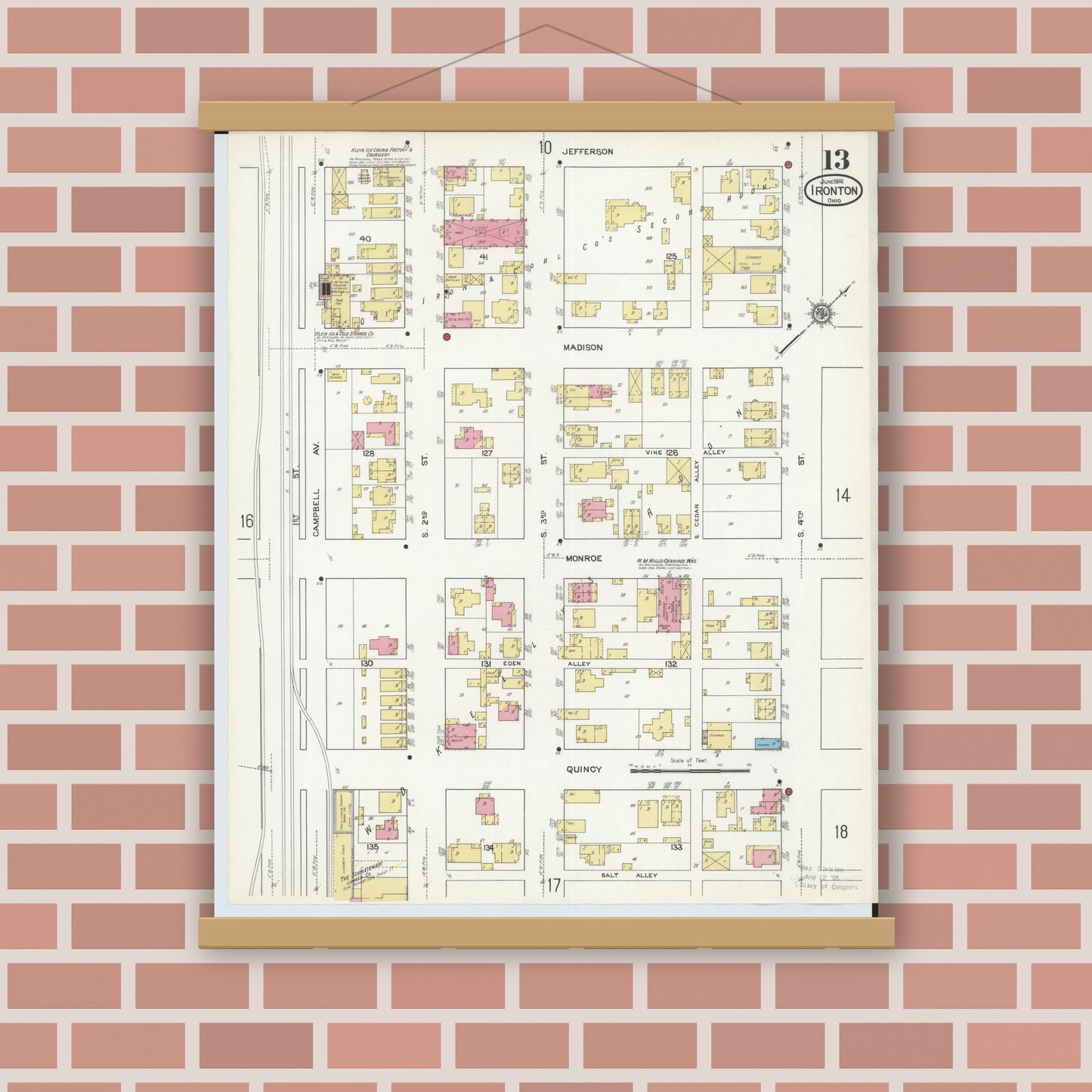 Old map wall art mockup — magnetic wood frame on brick wall — Sanborn Fire Insurance Map from Ironton, Lawrence County, Ohio (1916), Sheet #0013