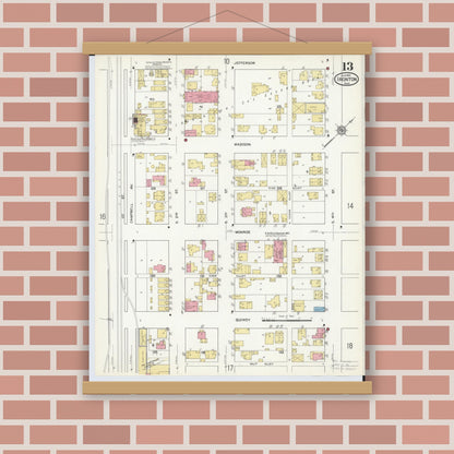 Old map wall art mockup — magnetic wood frame on brick wall — Sanborn Fire Insurance Map from Ironton, Lawrence County, Ohio (1916), Sheet #0013