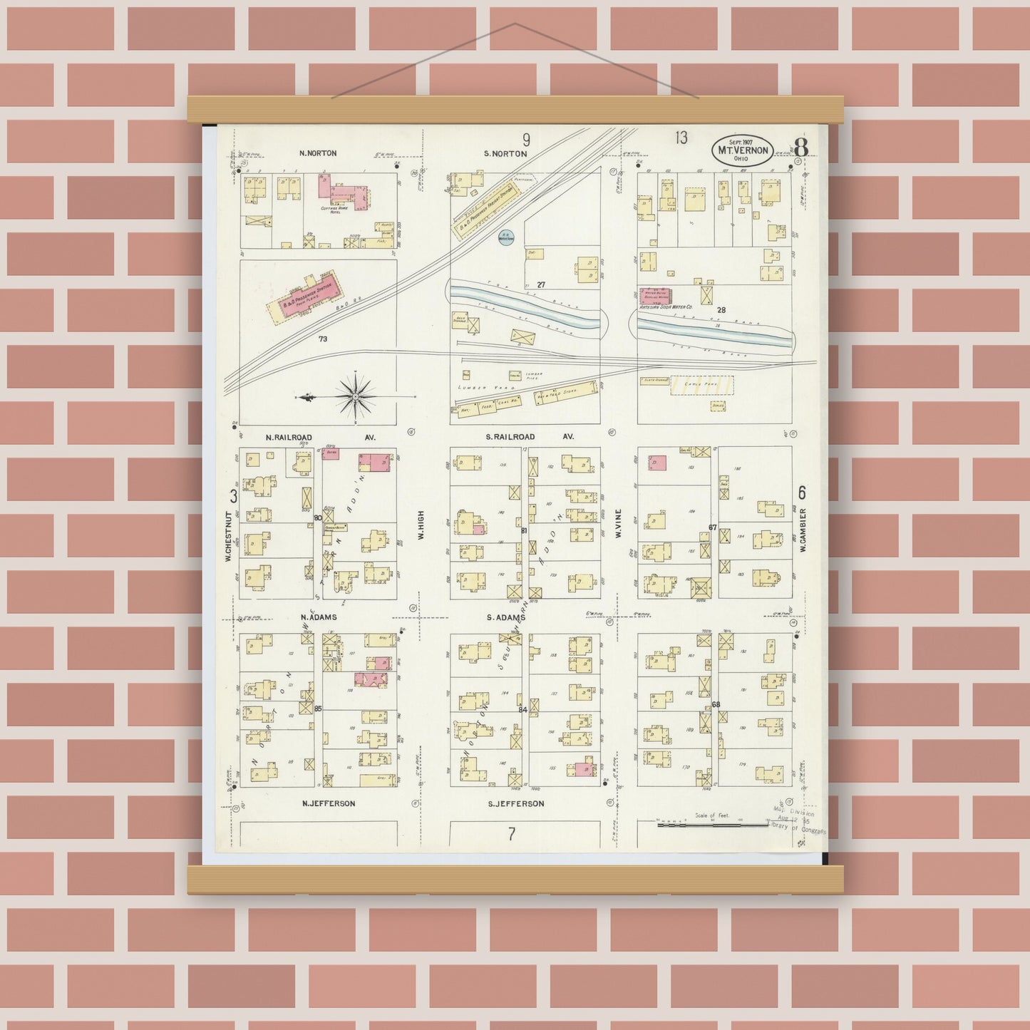 Old map wall art mockup — magnetic wood frame on brick wall — Sanborn Fire Insurance Map from Mount Vernon, Knox County, Ohio (1907), Sheet #0008