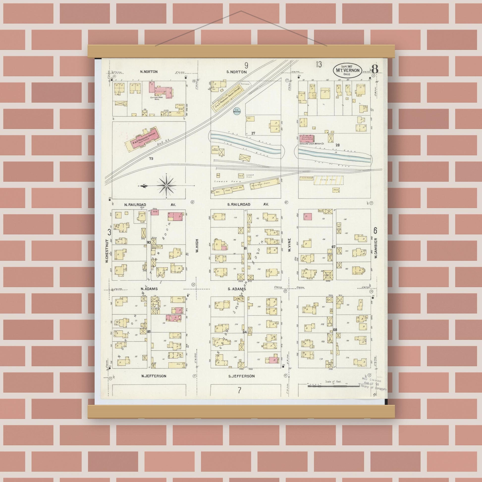 Old map wall art mockup — magnetic wood frame on brick wall — Sanborn Fire Insurance Map from Mount Vernon, Knox County, Ohio (1907), Sheet #0008
