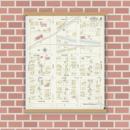 Old map wall art mockup — magnetic wood frame on brick wall — Sanborn Fire Insurance Map from Mount Vernon, Knox County, Ohio (1907), Sheet #0008