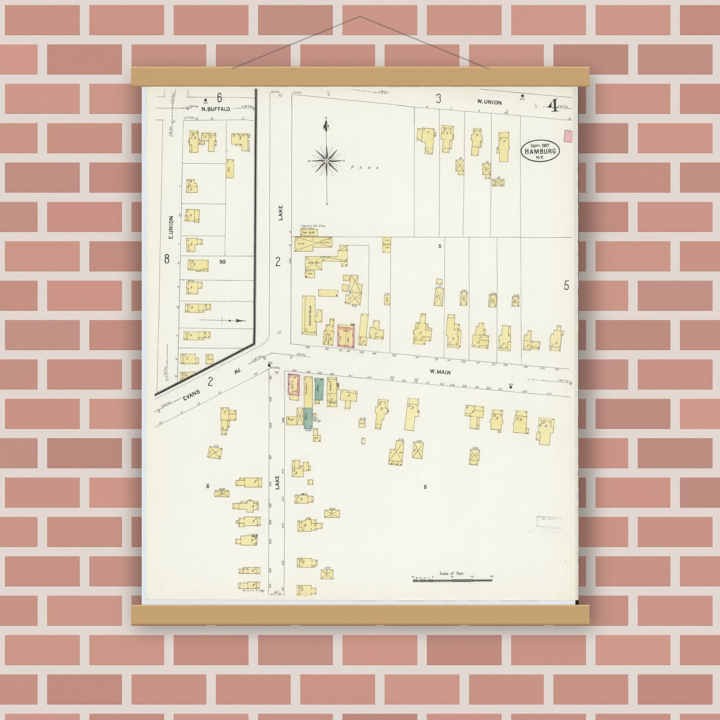 Old map wall art mockup — magnetic wood frame on brick wall — Sanborn Fire Insurance Map from Hamburg, Erie County, New York (1907), Sheet #0004