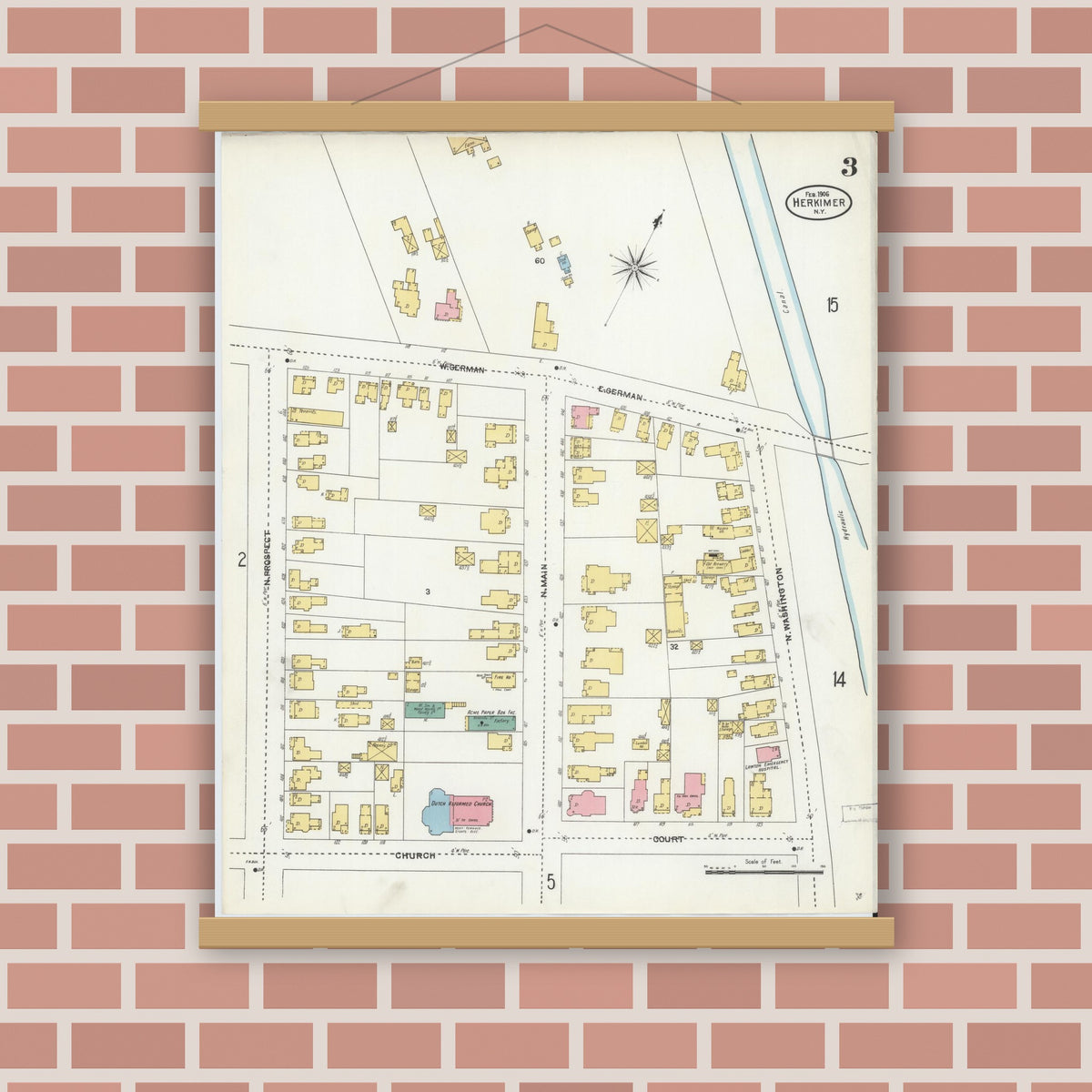Old map wall art mockup — magnetic wood frame on brick wall — Sanborn Fire Insurance Map from Herkimer, Herkimer County, New York (1906), Sheet #0003