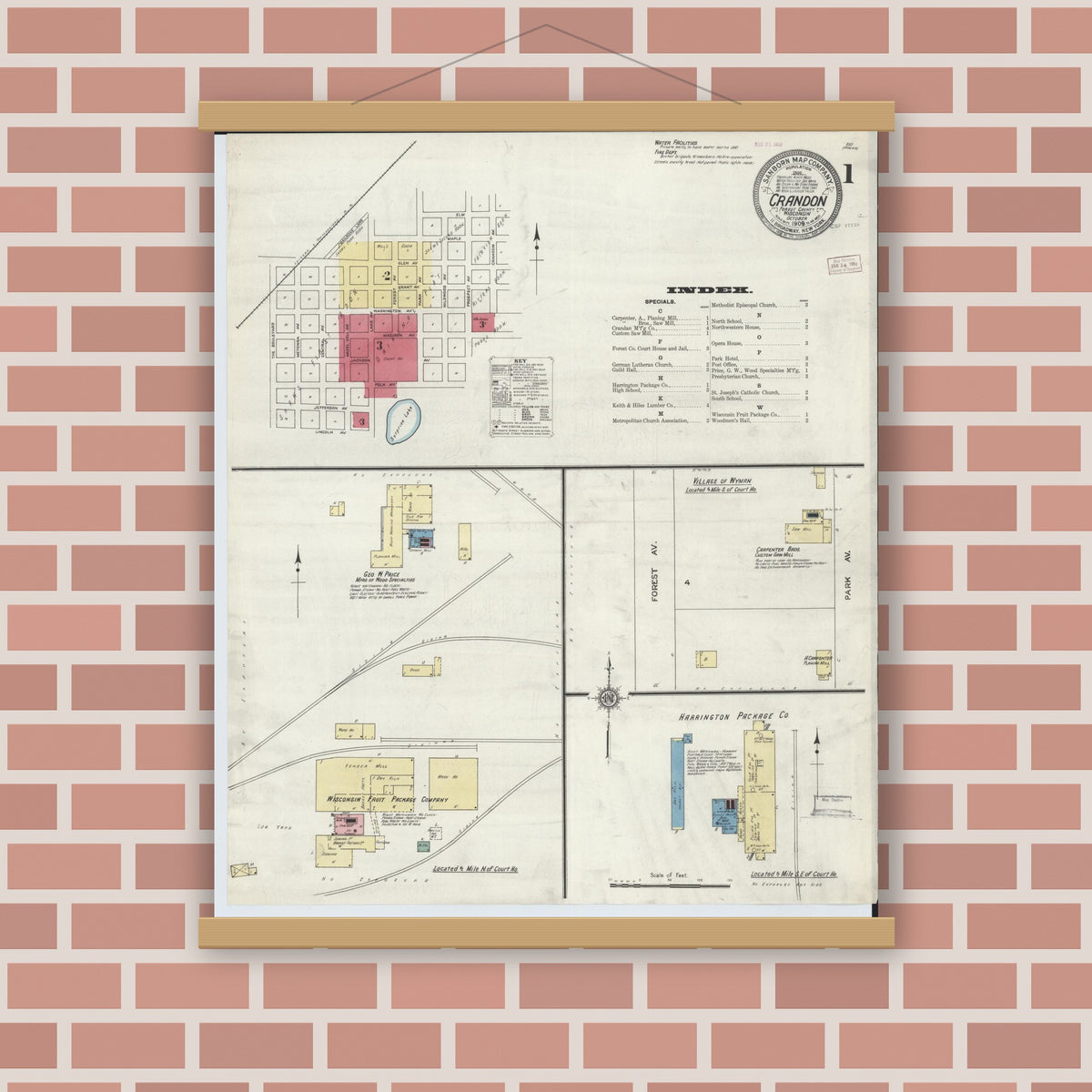 Old map wall art mockup — magnetic wood frame on brick wall — Sanborn Fire Insurance Map from Crandon, Forest County, Wisconsin (1909) - Complete Map Set