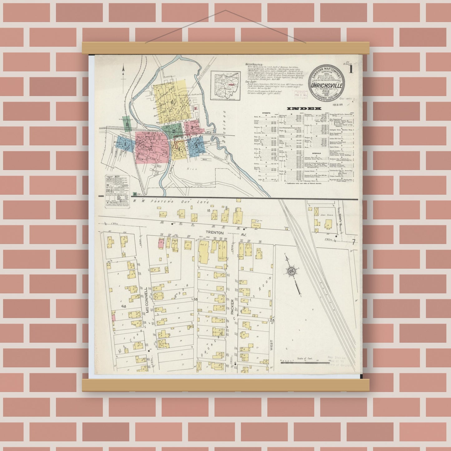Old map wall art mockup — magnetic wood frame on brick wall — Sanborn Fire Insurance Map from Uhrichsville, Tuscarawas County, Ohio (1915), Sheet #0001