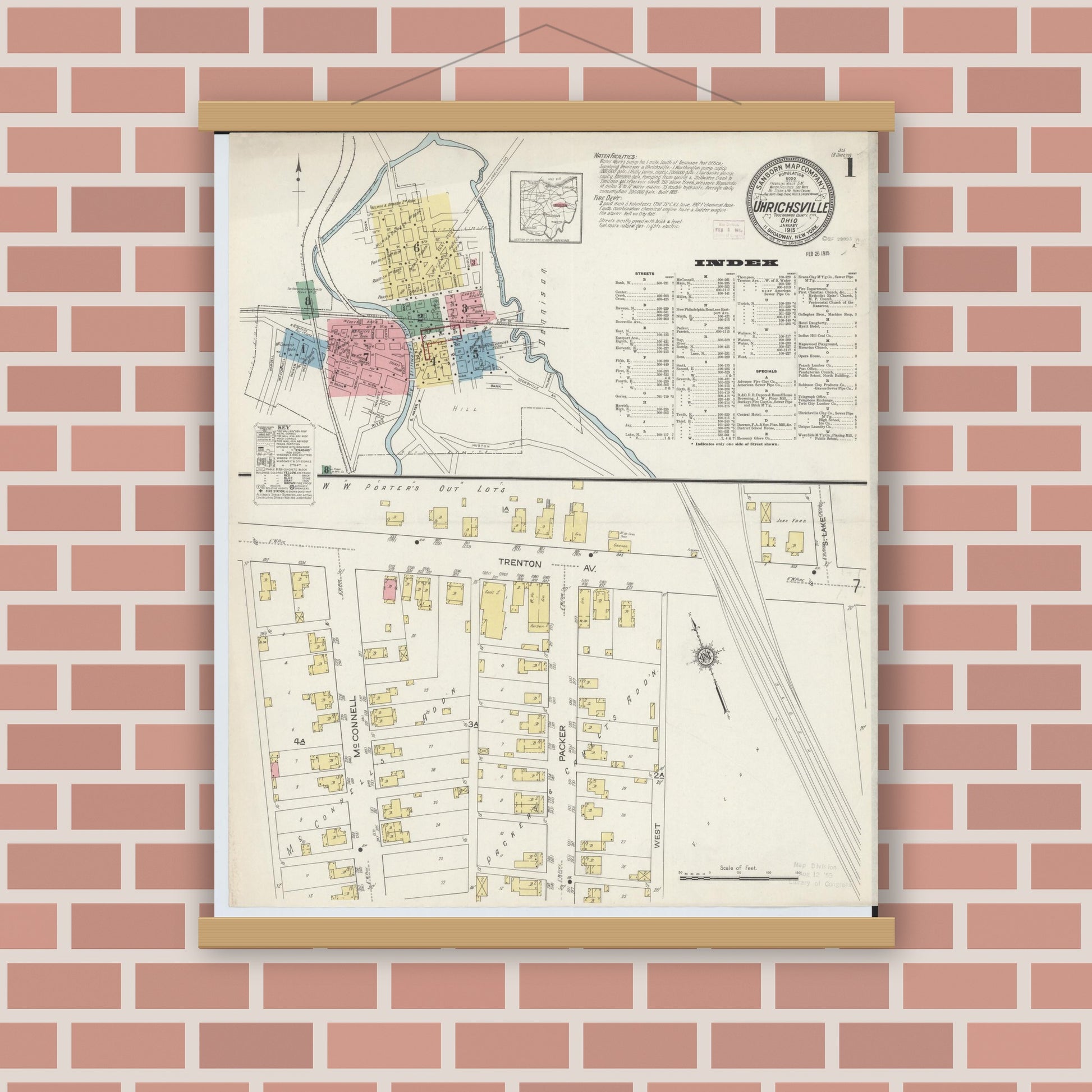 Old map wall art mockup — magnetic wood frame on brick wall — Sanborn Fire Insurance Map from Uhrichsville, Tuscarawas County, Ohio (1915), Sheet #0001