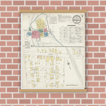 Old map wall art mockup — magnetic wood frame on brick wall — Sanborn Fire Insurance Map from Uhrichsville, Tuscarawas County, Ohio (1915), Sheet #0001