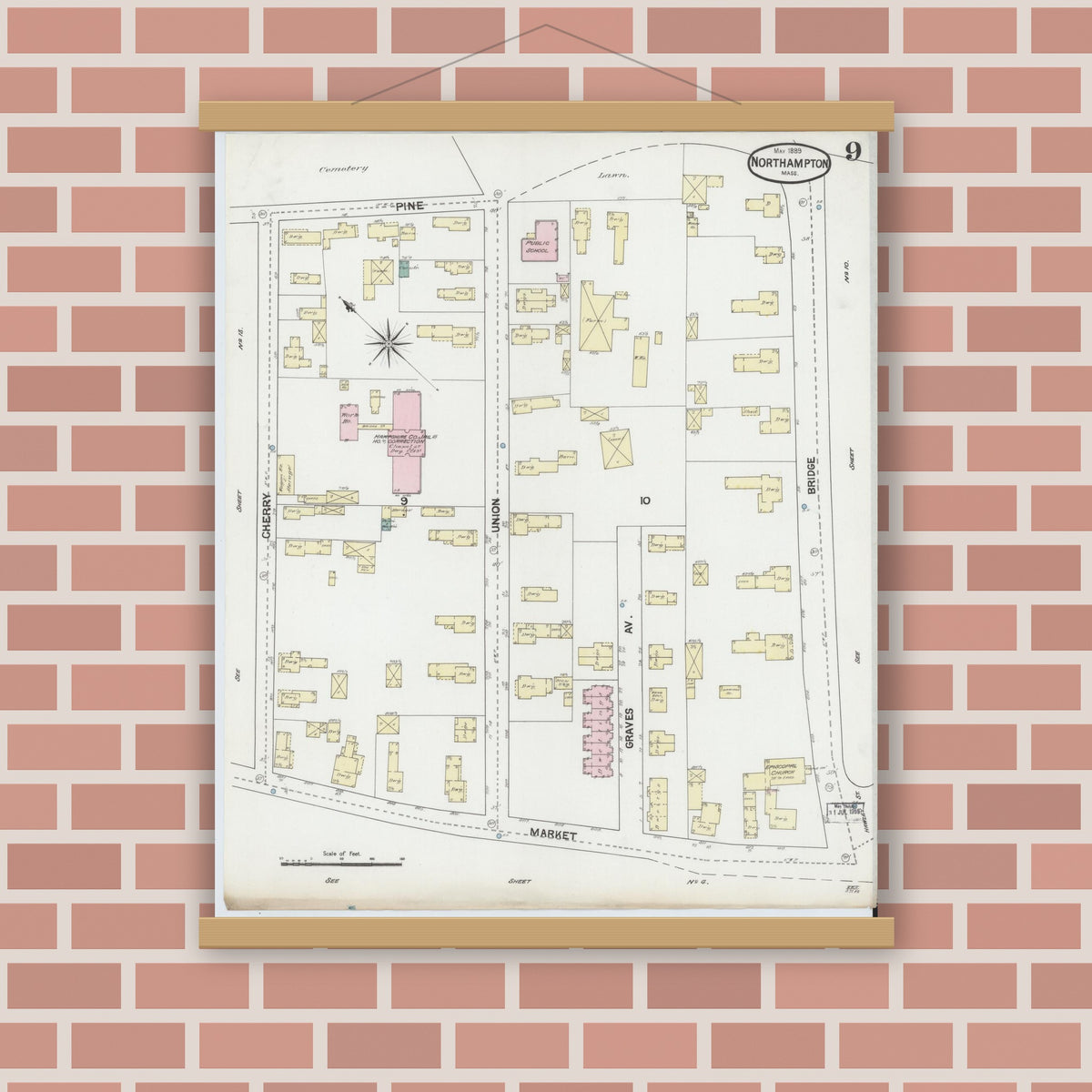 Old map wall art mockup — magnetic wood frame on brick wall — Sanborn Fire Insurance Map from Northampton, Hampshire County, Massachusetts (1889), Sheet #0009