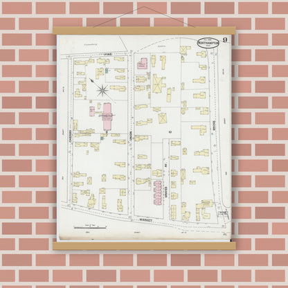 Old map wall art mockup — magnetic wood frame on brick wall — Sanborn Fire Insurance Map from Northampton, Hampshire County, Massachusetts (1889), Sheet #0009