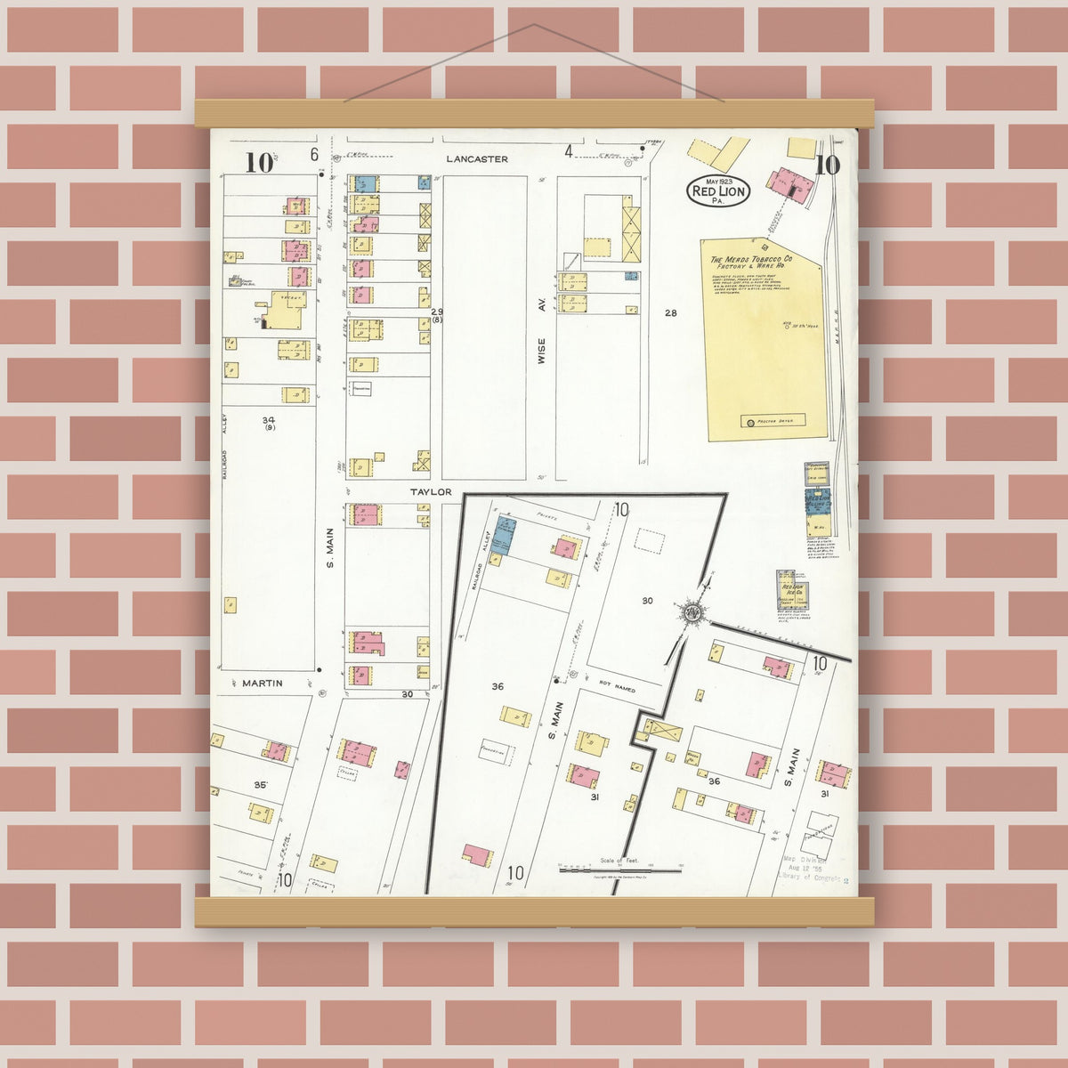 Old map wall art mockup — magnetic wood frame on brick wall — Sanborn Fire Insurance Map from Red Lion, York County, Pennsylvania (1923), Sheet #0010