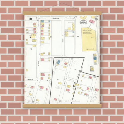 Old map wall art mockup — magnetic wood frame on brick wall — Sanborn Fire Insurance Map from Red Lion, York County, Pennsylvania (1923), Sheet #0010