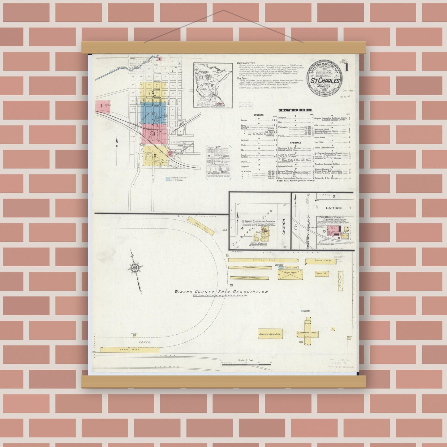 Old map wall art mockup — magnetic wood frame on brick wall — Sanborn Fire Insurance Map from Saint Charles, Winona County, Minnesota (1915) - Complete Map Set