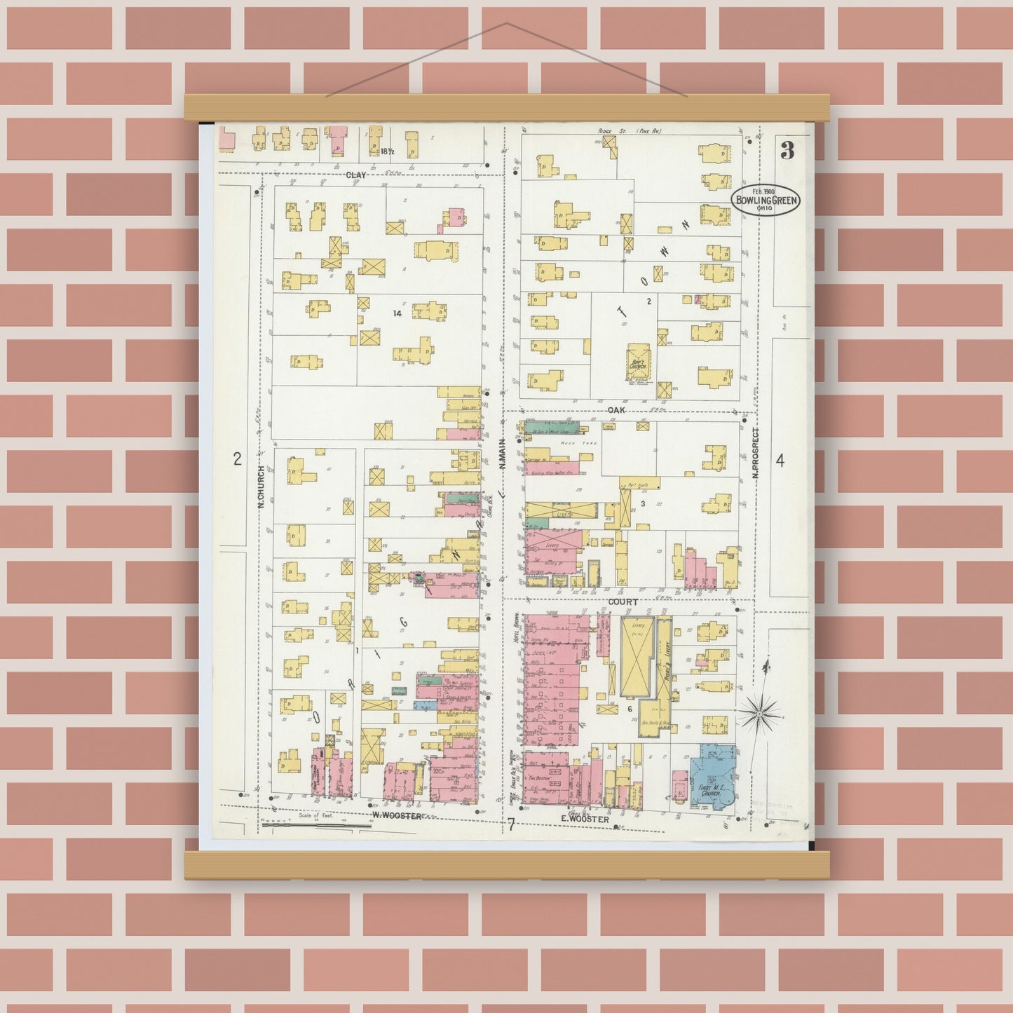 Old map wall art mockup — magnetic wood frame on brick wall — Sanborn Fire Insurance Map from Bowling Green, Wood County, Ohio (1900), Sheet #0003