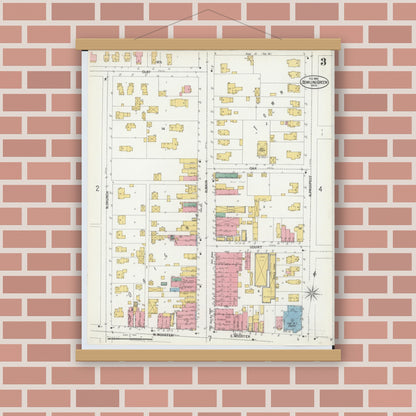 Old map wall art mockup — magnetic wood frame on brick wall — Sanborn Fire Insurance Map from Bowling Green, Wood County, Ohio (1900), Sheet #0003