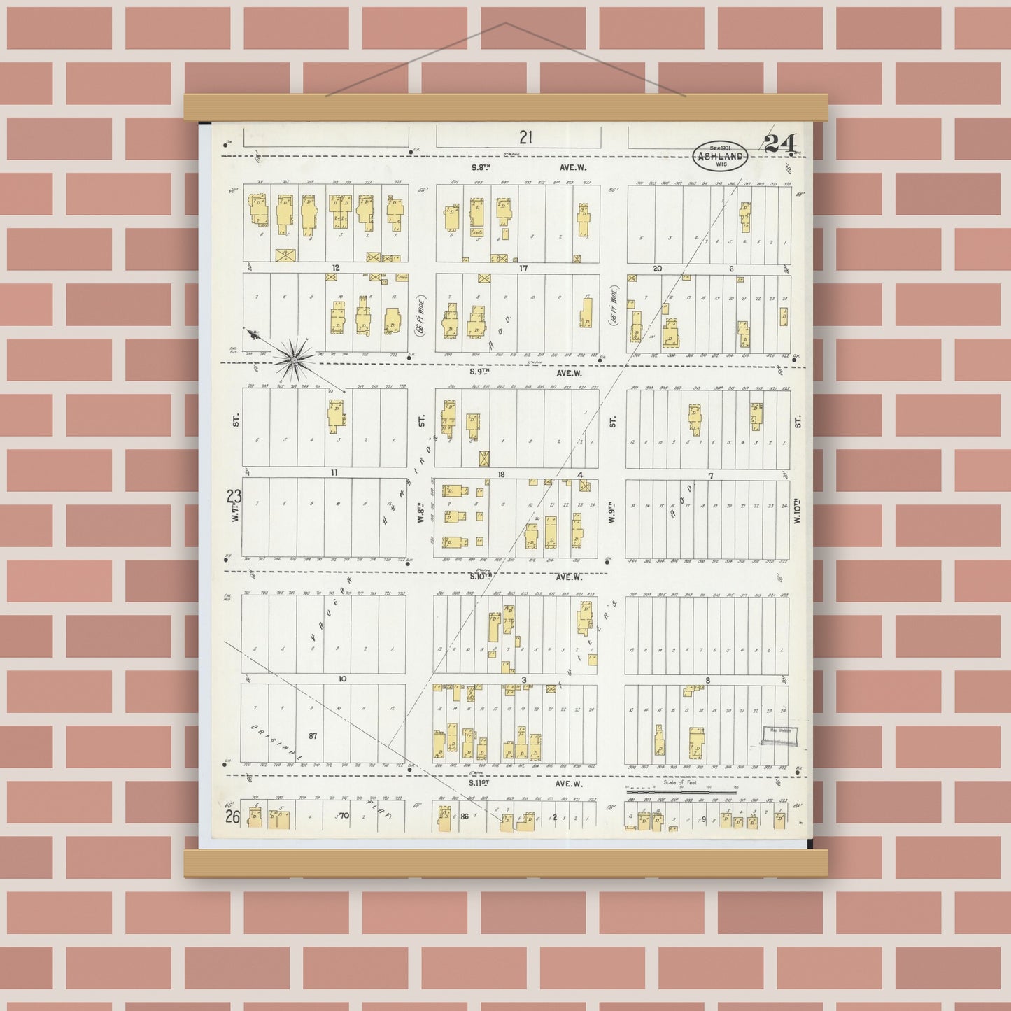 Old map wall art mockup — magnetic wood frame on brick wall — Sanborn Fire Insurance Map from Ashland, Ashland County, Wisconsin (1901), Sheet #0024