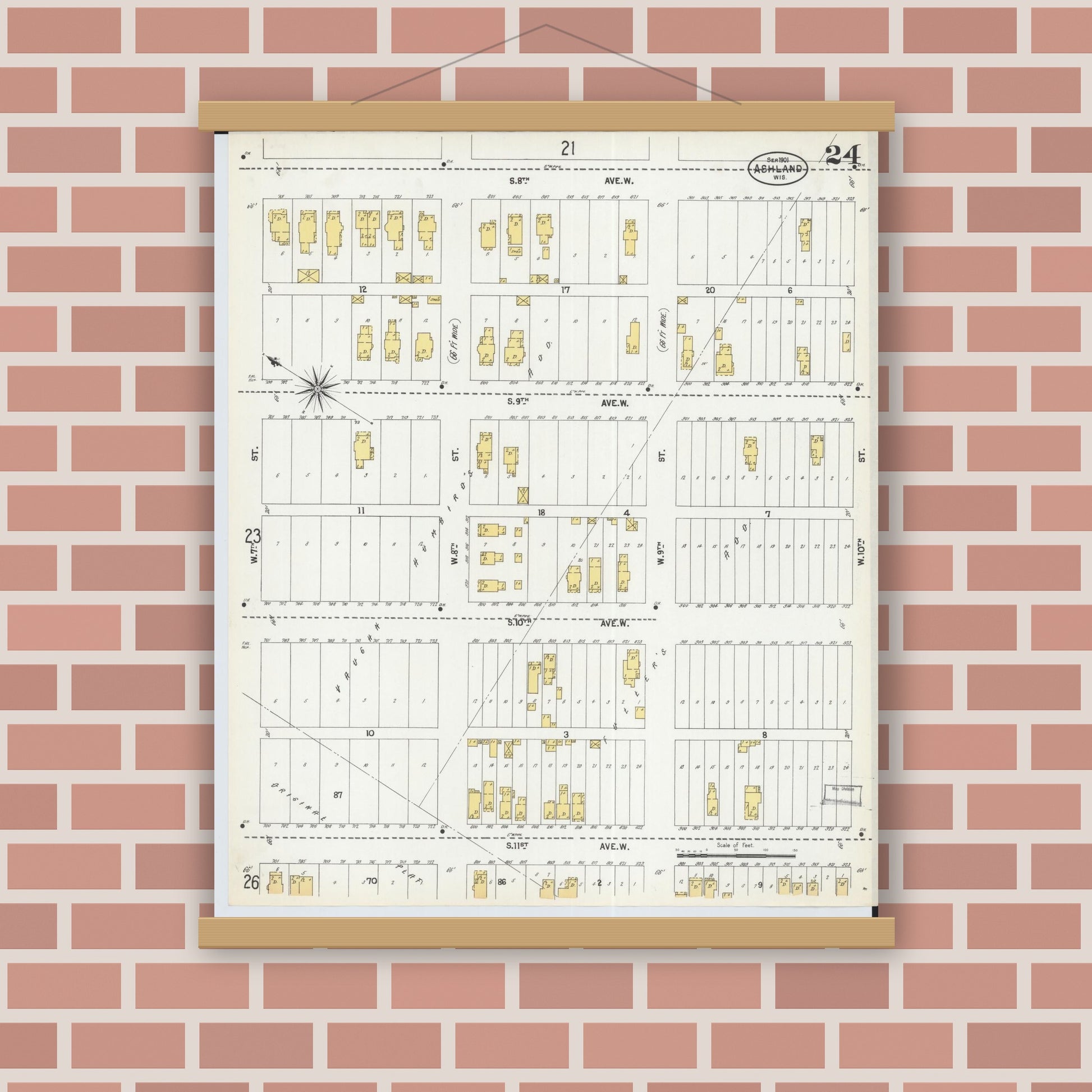 Old map wall art mockup — magnetic wood frame on brick wall — Sanborn Fire Insurance Map from Ashland, Ashland County, Wisconsin (1901), Sheet #0024