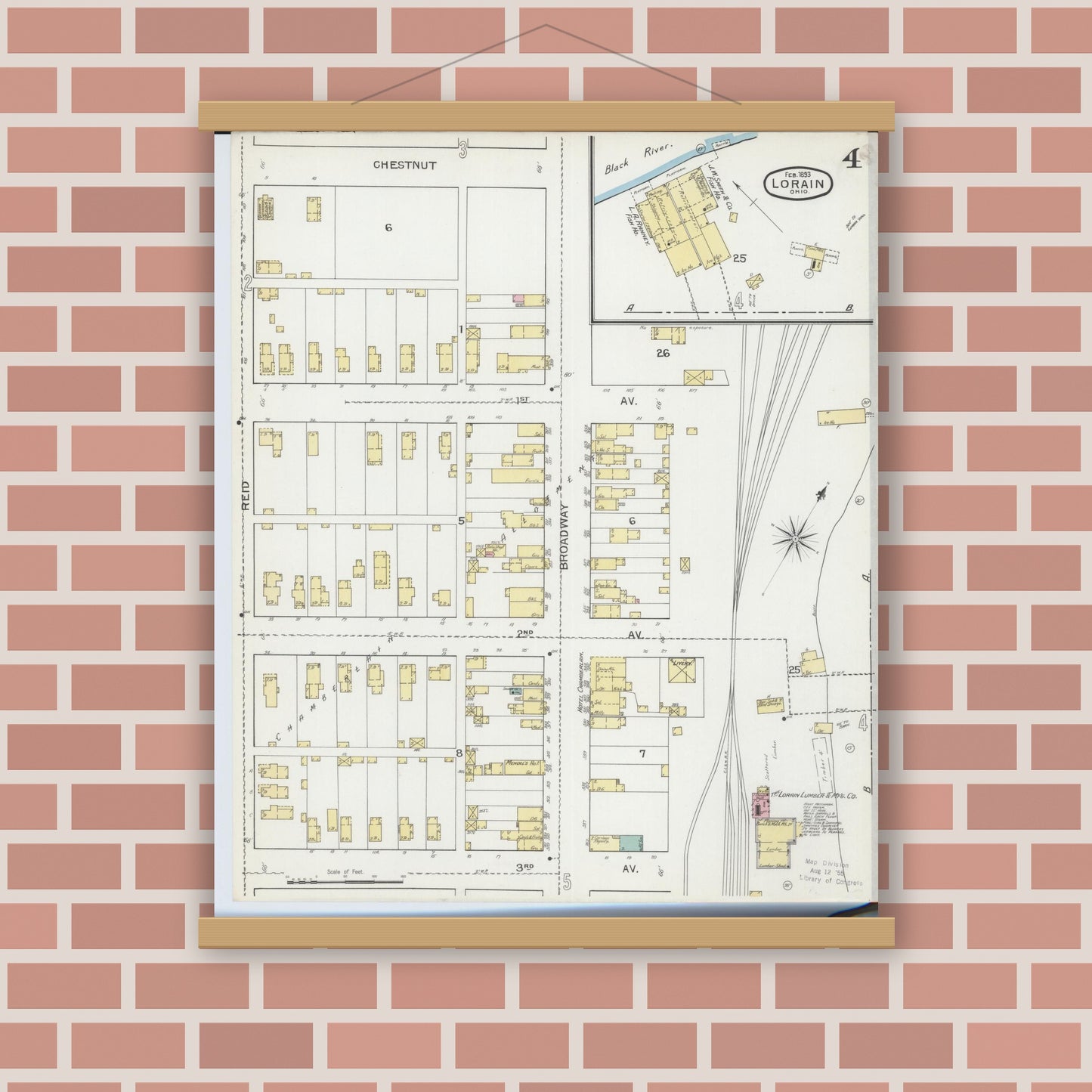 Old map wall art mockup — magnetic wood frame on brick wall — Sanborn Fire Insurance Map from Lorain, Lorain County, Ohio (1893), Sheet #0004
