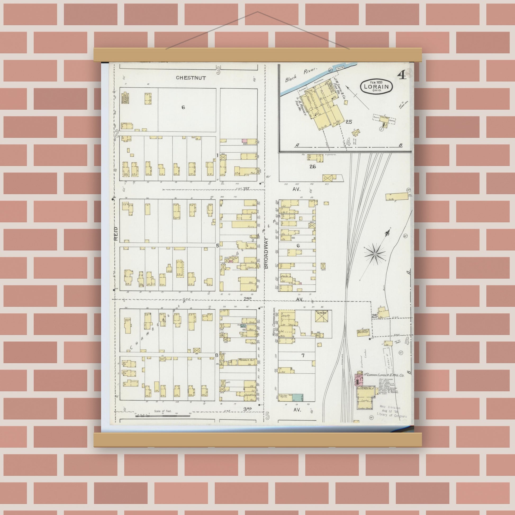 Old map wall art mockup — magnetic wood frame on brick wall — Sanborn Fire Insurance Map from Lorain, Lorain County, Ohio (1893), Sheet #0004