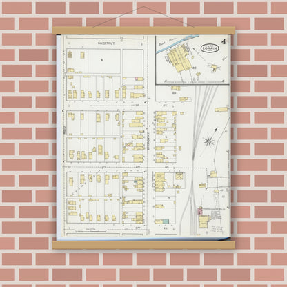 Old map wall art mockup — magnetic wood frame on brick wall — Sanborn Fire Insurance Map from Lorain, Lorain County, Ohio (1893), Sheet #0004