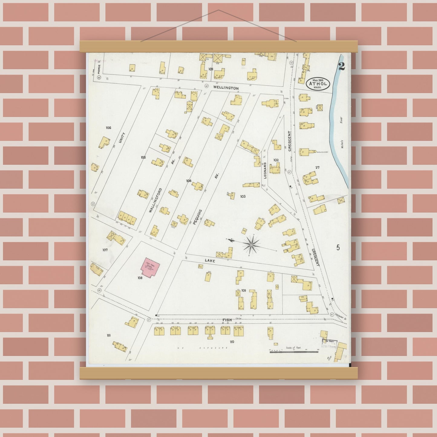 Old map wall art mockup — magnetic wood frame on brick wall — Sanborn Fire Insurance Map from Athol, Worcester County, Massachusetts (1905), Sheet #0002
