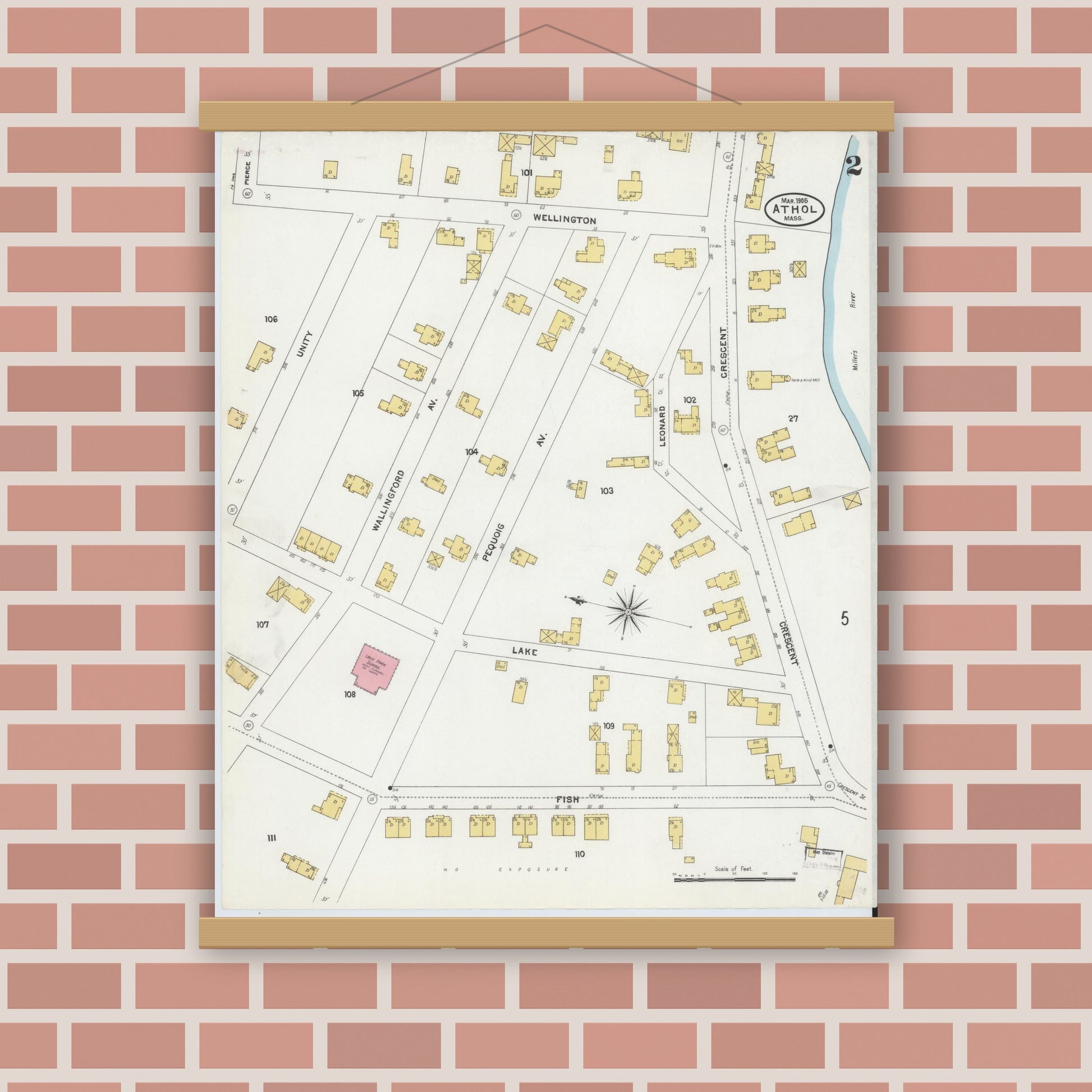 Old map wall art mockup — magnetic wood frame on brick wall — Sanborn Fire Insurance Map from Athol, Worcester County, Massachusetts (1905), Sheet #0002