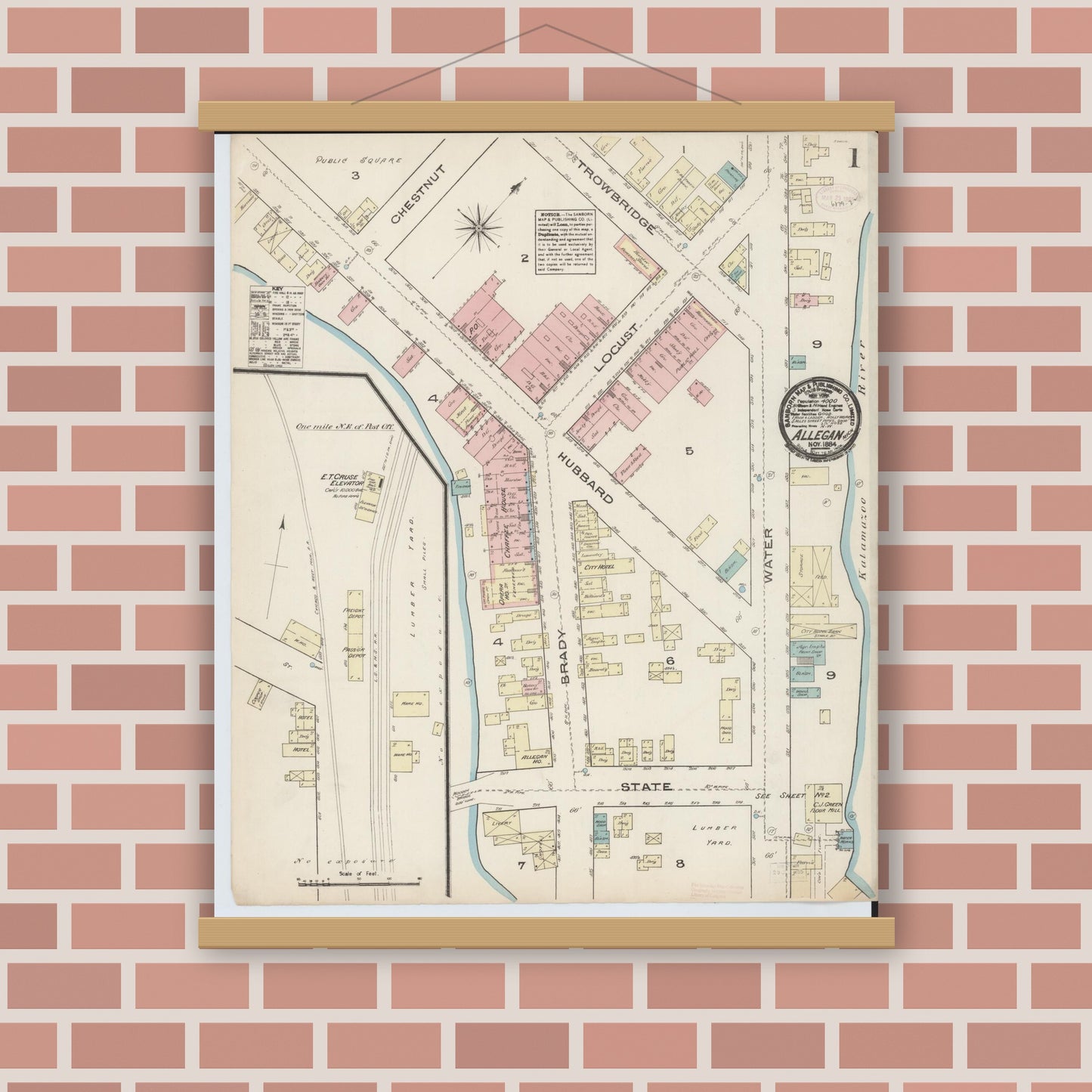 Old map wall art mockup — magnetic wood frame on brick wall — Sanborn Fire Insurance Map from Allegan, Allegan County, Michigan (1884), Sheet #0001