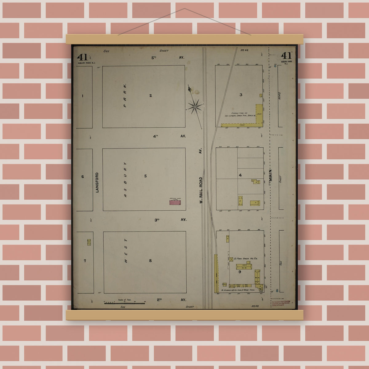 Old map wall art mockup — magnetic wood frame on brick wall — Sanborn Fire Insurance Map from New Jersey Coast, New Jersey Coast, New Jersey (1890), Sheet #0041