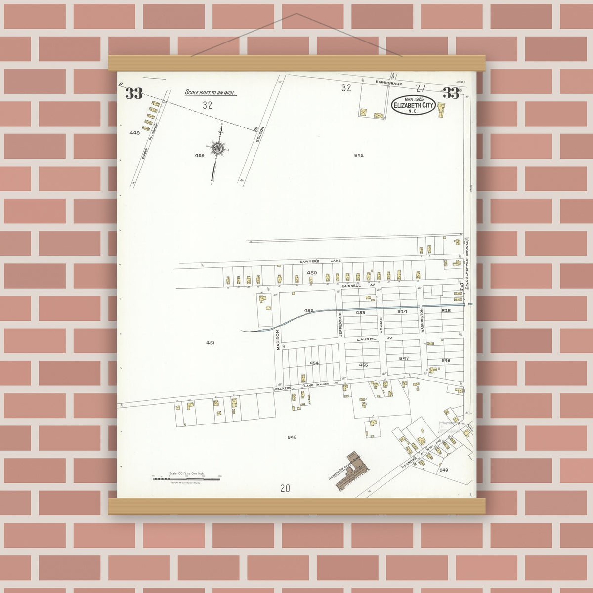 Old map wall art mockup — magnetic wood frame on brick wall — Sanborn Fire Insurance Map from Elizabeth City, Pasquotank County, North Carolina (1923), Sheet #0033