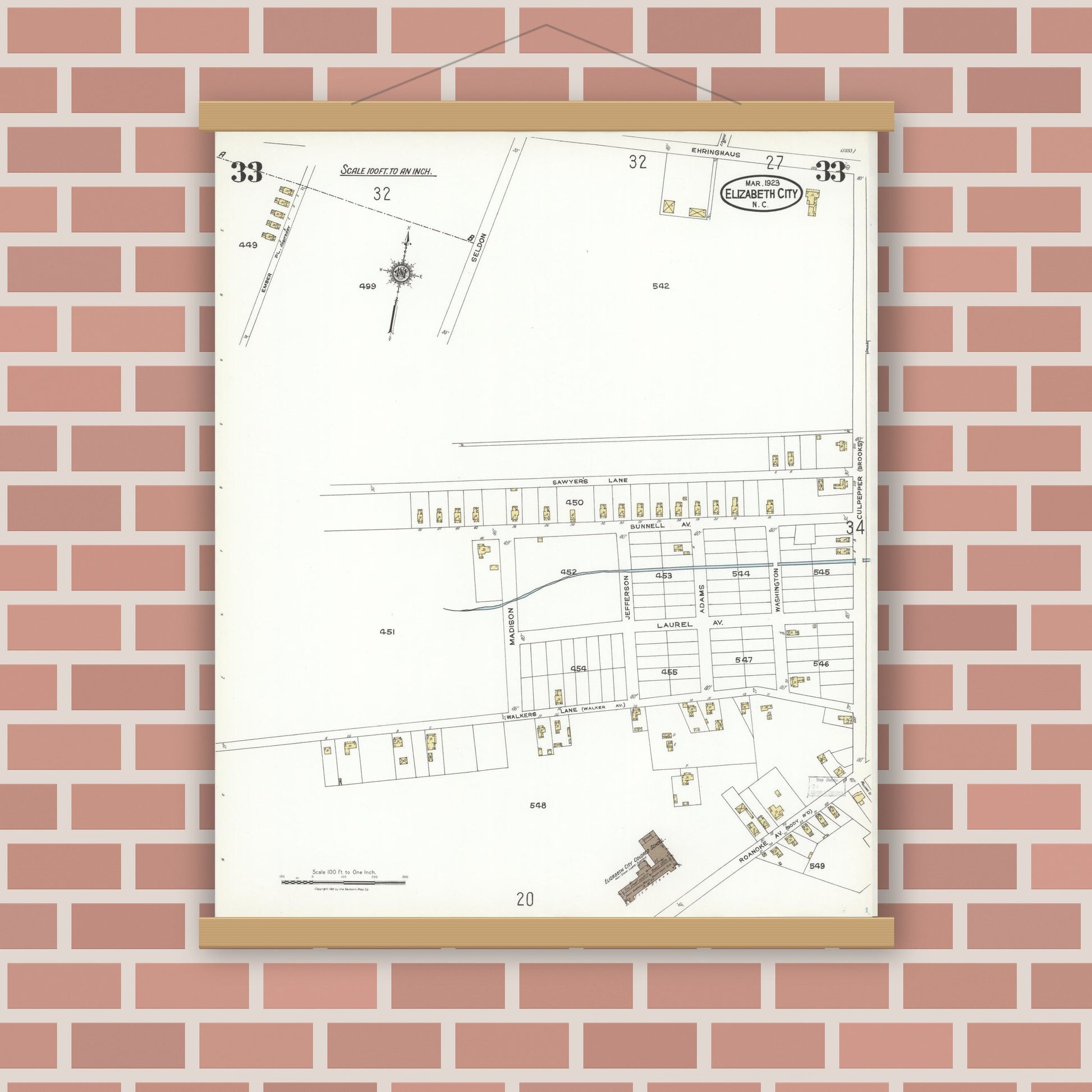 Old map wall art mockup — magnetic wood frame on brick wall — Sanborn Fire Insurance Map from Elizabeth City, Pasquotank County, North Carolina (1923), Sheet #0033