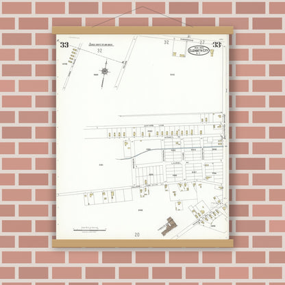 Old map wall art mockup — magnetic wood frame on brick wall — Sanborn Fire Insurance Map from Elizabeth City, Pasquotank County, North Carolina (1923), Sheet #0033