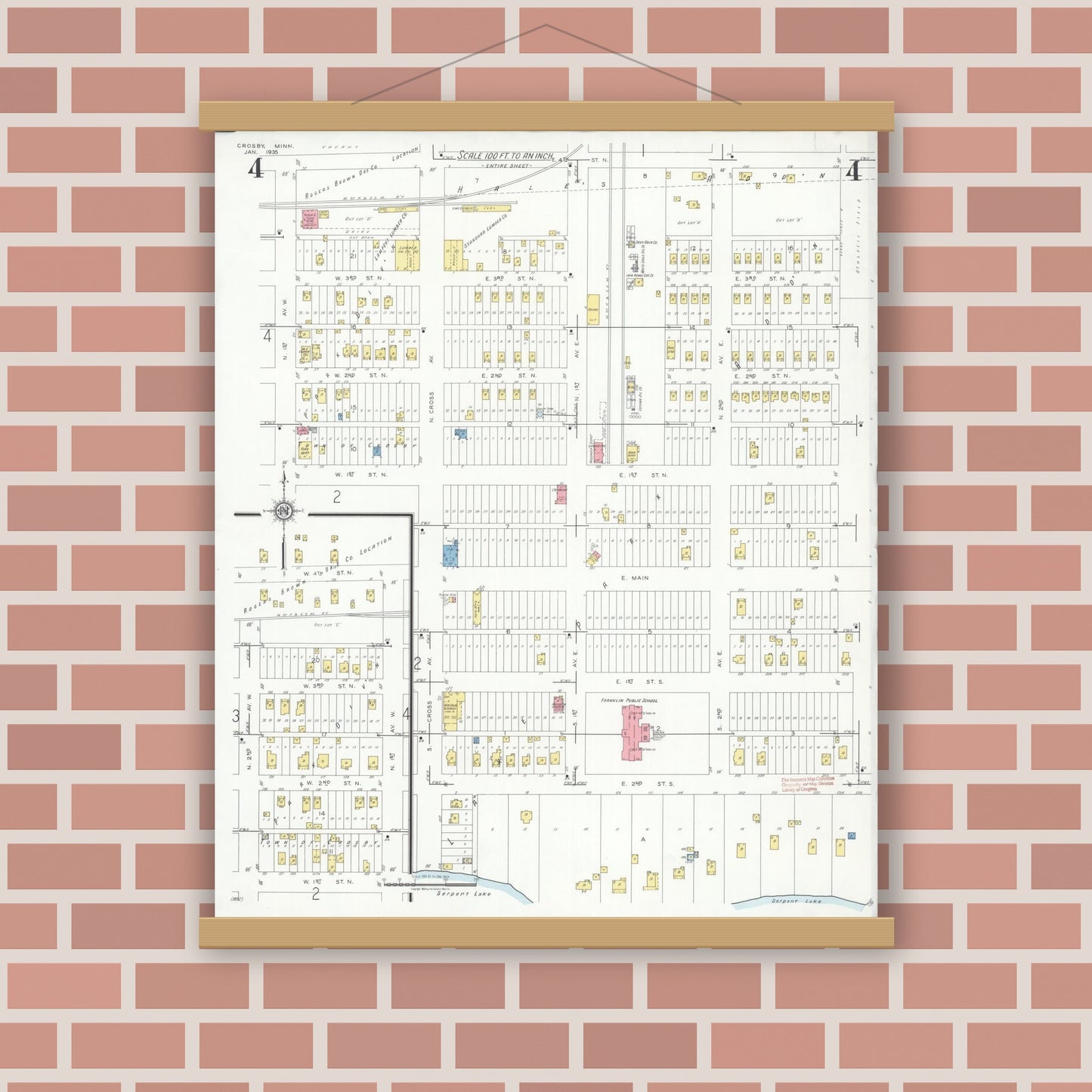 Old map wall art mockup — magnetic wood frame on brick wall — Sanborn Fire Insurance Map from Crosby, Crow Wing County, Minnesota (1935), Sheet #0004