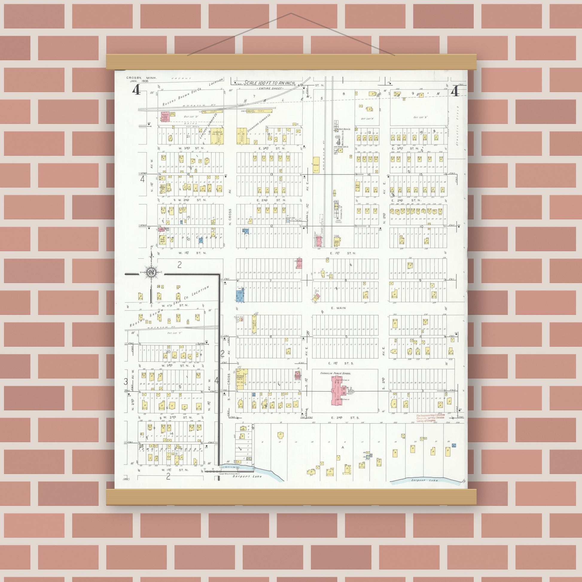 Old map wall art mockup — magnetic wood frame on brick wall — Sanborn Fire Insurance Map from Crosby, Crow Wing County, Minnesota (1935), Sheet #0004