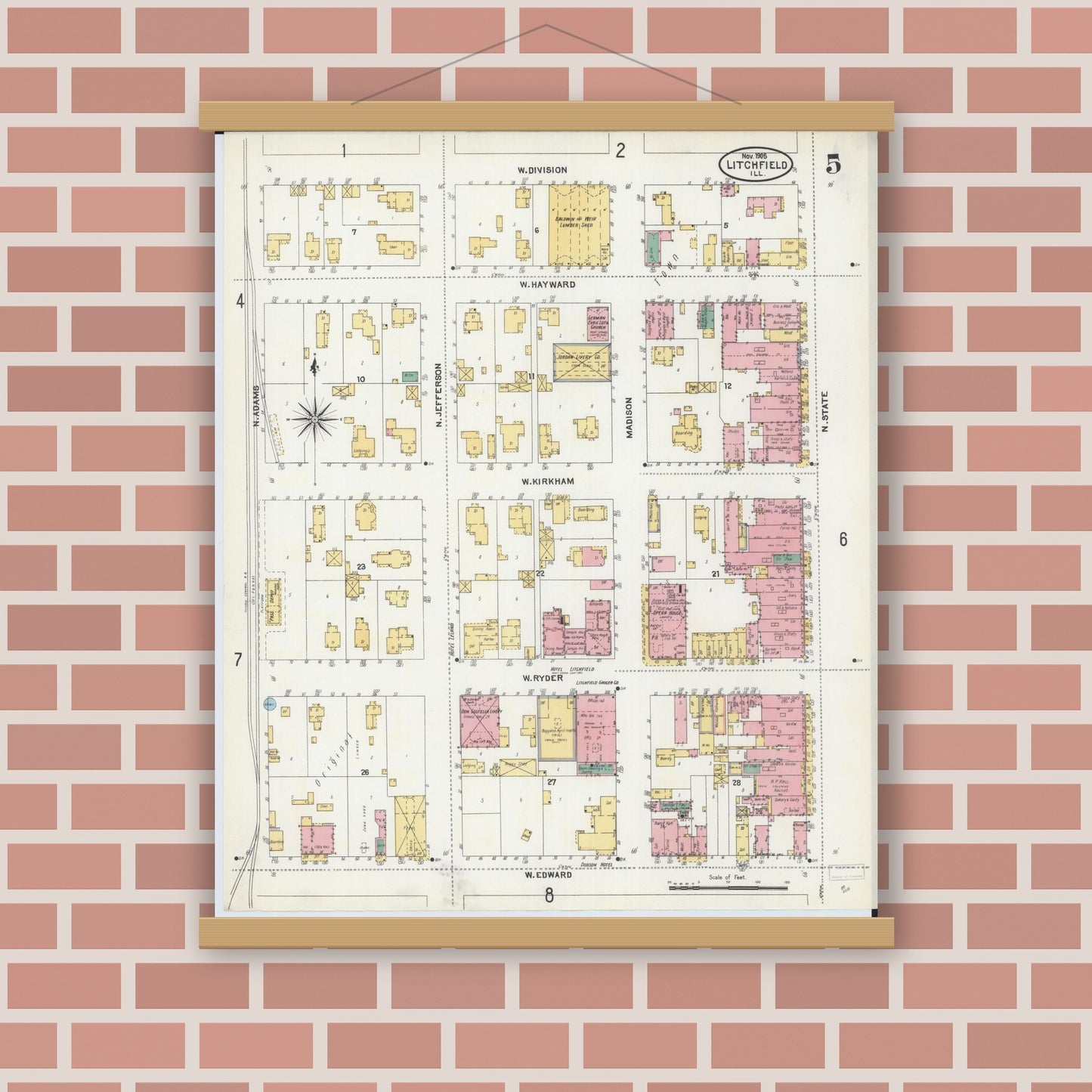 Old map wall art mockup — magnetic wood frame on brick wall — Sanborn Fire Insurance Map from Litchfield, Montgomery County, Illinois (1905), Sheet #0005
