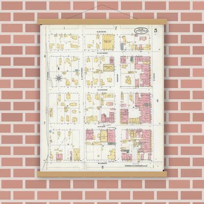 Old map wall art mockup — magnetic wood frame on brick wall — Sanborn Fire Insurance Map from Litchfield, Montgomery County, Illinois (1905), Sheet #0005