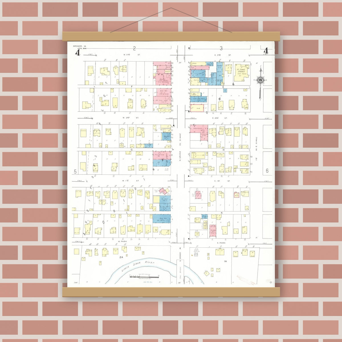 Old map wall art mockup — magnetic wood frame on brick wall — Sanborn Fire Insurance Map from Spencer, Clay County, Iowa (1941), Sheet #0004