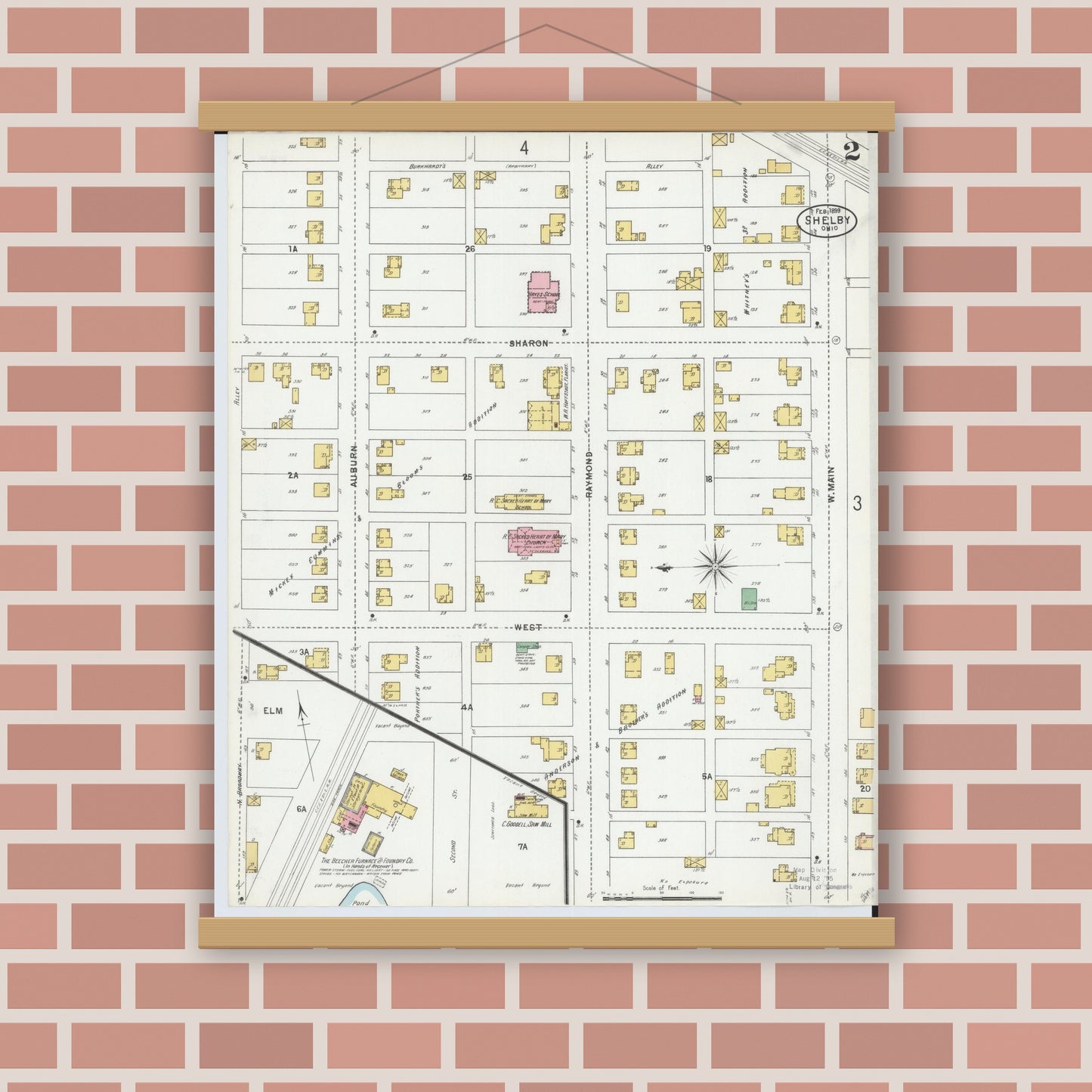 Old map wall art mockup — magnetic wood frame on brick wall — Sanborn Fire Insurance Map from Shelby, Richland County, Ohio (1899), Sheet #0002
