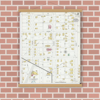 Old map wall art mockup — magnetic wood frame on brick wall — Sanborn Fire Insurance Map from Shelby, Richland County, Ohio (1899), Sheet #0002