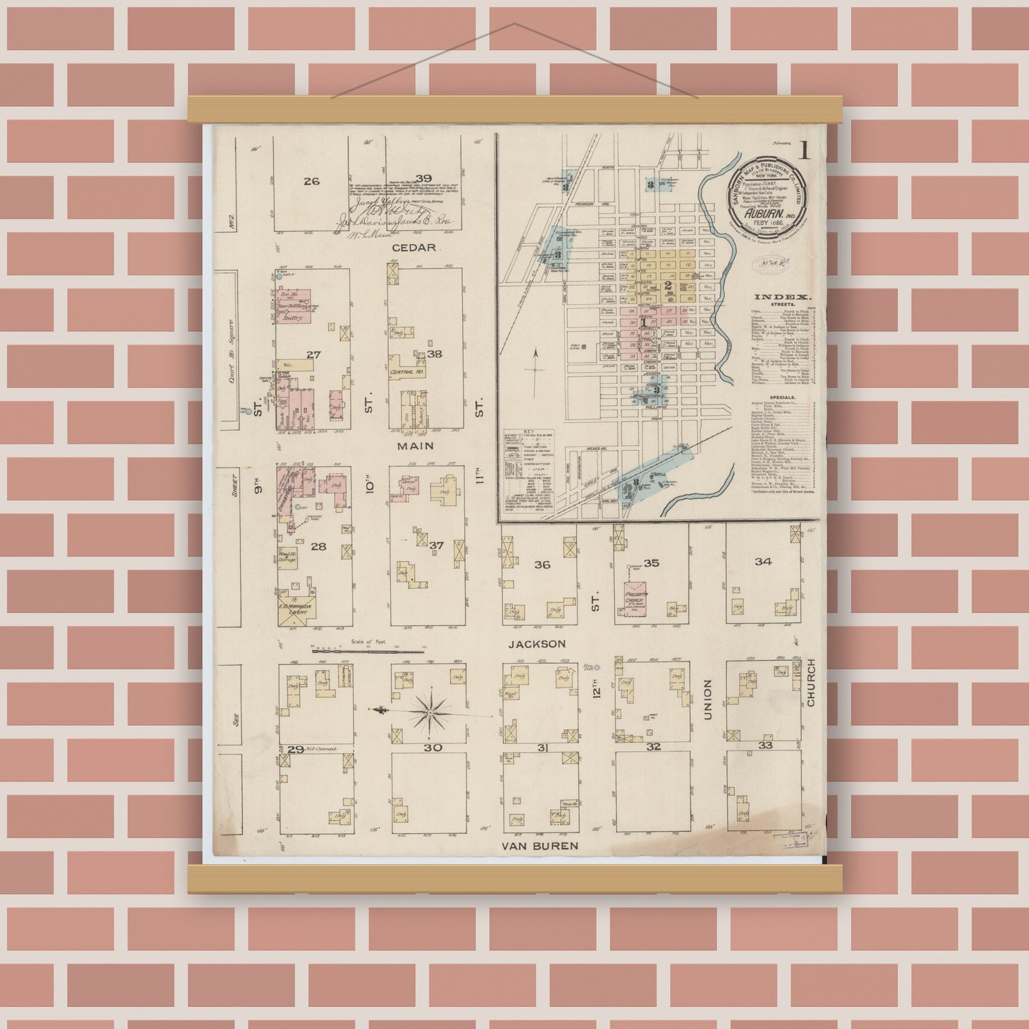 Old map wall art mockup — magnetic wood frame on brick wall — Sanborn Fire Insurance Map from Auburn, De Kalb County, Indiana (1886), Sheet #0001
