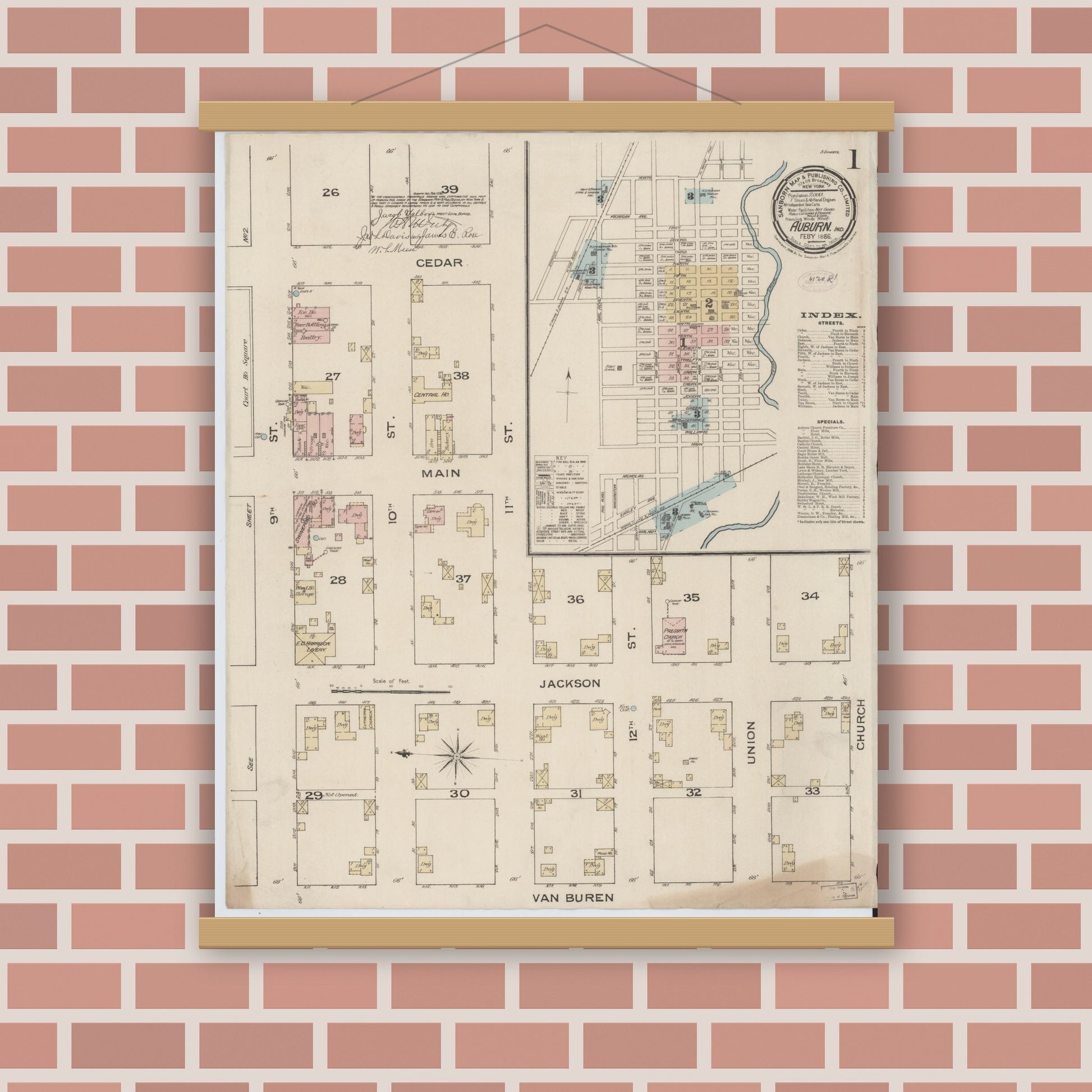 Old map wall art mockup — magnetic wood frame on brick wall — Sanborn Fire Insurance Map from Auburn, De Kalb County, Indiana (1886), Sheet #0001