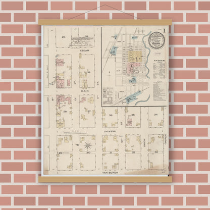 Old map wall art mockup — magnetic wood frame on brick wall — Sanborn Fire Insurance Map from Auburn, De Kalb County, Indiana (1886), Sheet #0001