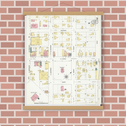 Old map wall art mockup — magnetic wood frame on brick wall — Sanborn Fire Insurance Map from Caro, Tuscola County, Michigan (1909), Sheet #0003