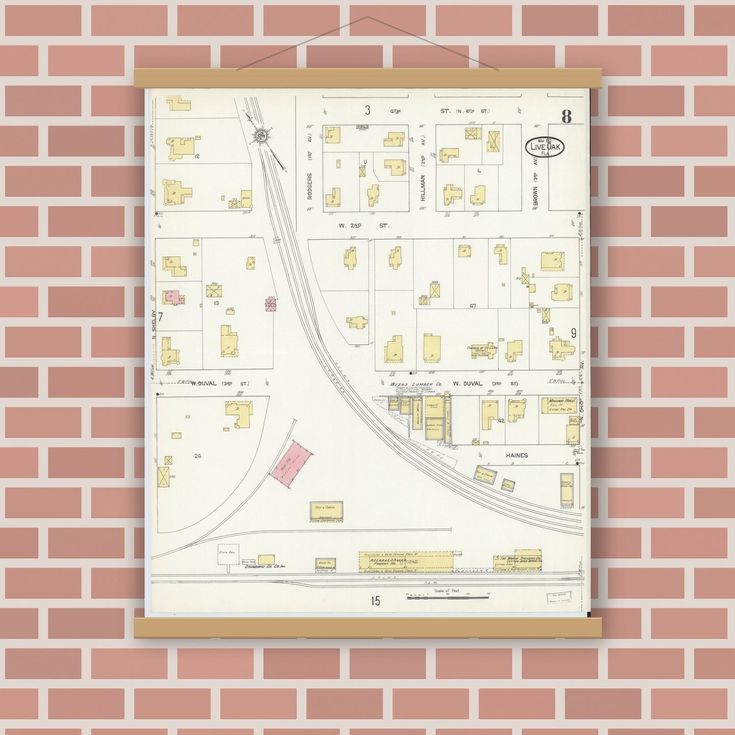 Old map wall art mockup — magnetic wood frame on brick wall — Sanborn Fire Insurance Map from Live Oak, Suwanee County, Florida (1912), Sheet #0008