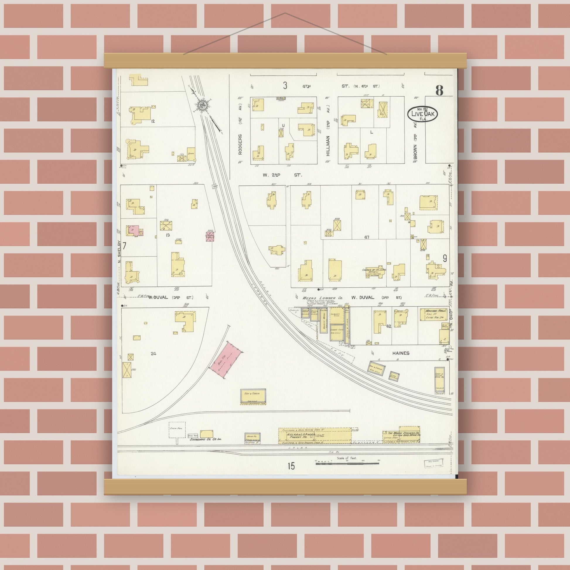Old map wall art mockup — magnetic wood frame on brick wall — Sanborn Fire Insurance Map from Live Oak, Suwanee County, Florida (1912), Sheet #0008