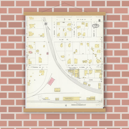 Old map wall art mockup — magnetic wood frame on brick wall — Sanborn Fire Insurance Map from Live Oak, Suwanee County, Florida (1912), Sheet #0008