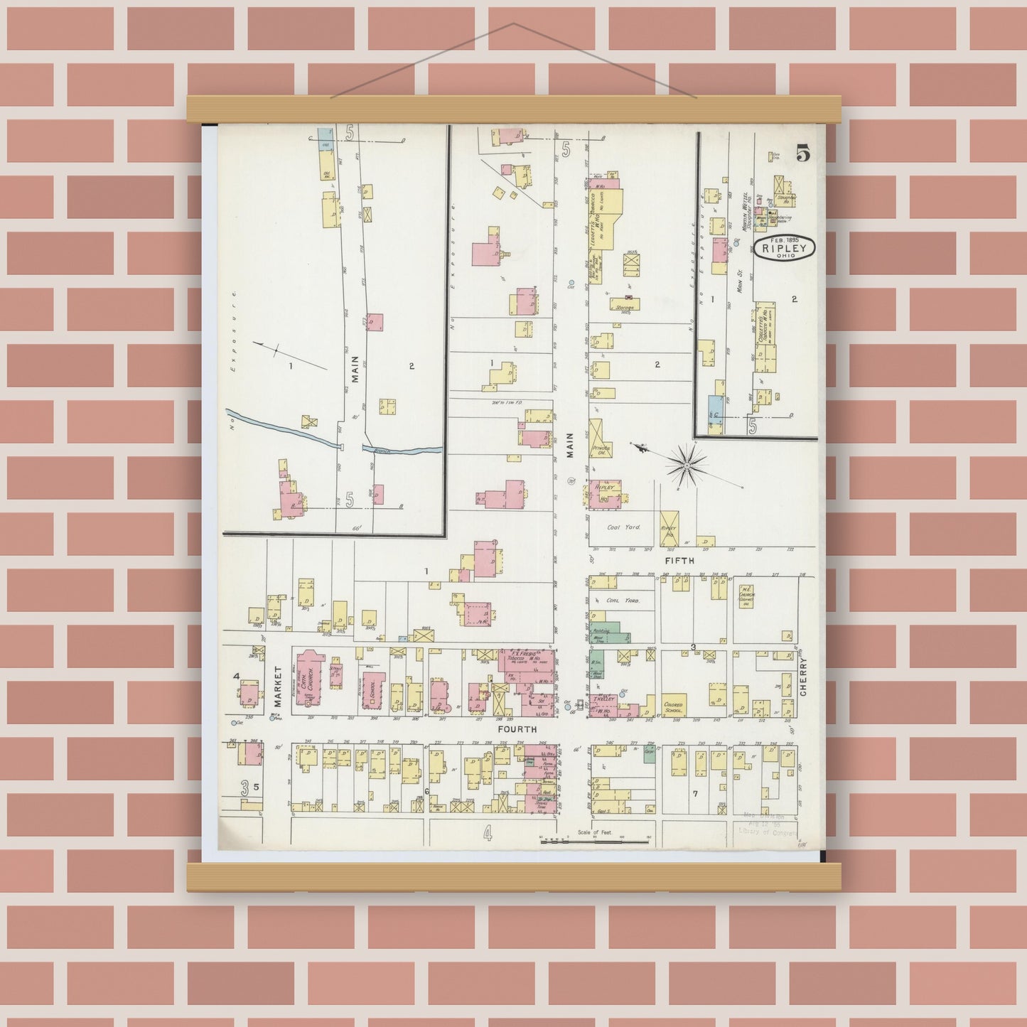Old map wall art mockup — magnetic wood frame on brick wall — Sanborn Fire Insurance Map from Ripley, Brown County, Ohio (1895), Sheet #0005