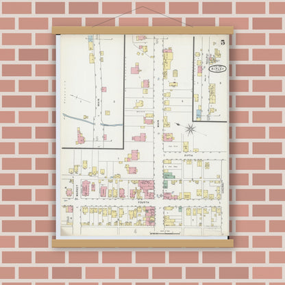 Old map wall art mockup — magnetic wood frame on brick wall — Sanborn Fire Insurance Map from Ripley, Brown County, Ohio (1895), Sheet #0005