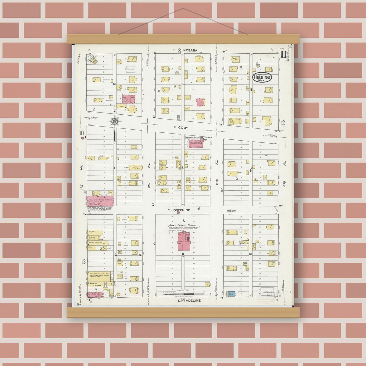 Old map wall art mockup — magnetic wood frame on brick wall — Sanborn Fire Insurance Map from Hibbing, Saint Louis County, Minnesota (1921), Sheet #0011