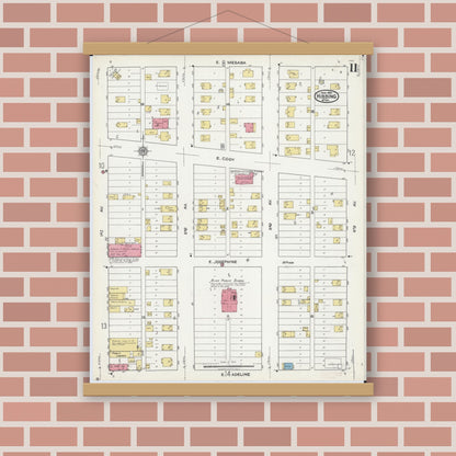 Old map wall art mockup — magnetic wood frame on brick wall — Sanborn Fire Insurance Map from Hibbing, Saint Louis County, Minnesota (1921), Sheet #0011